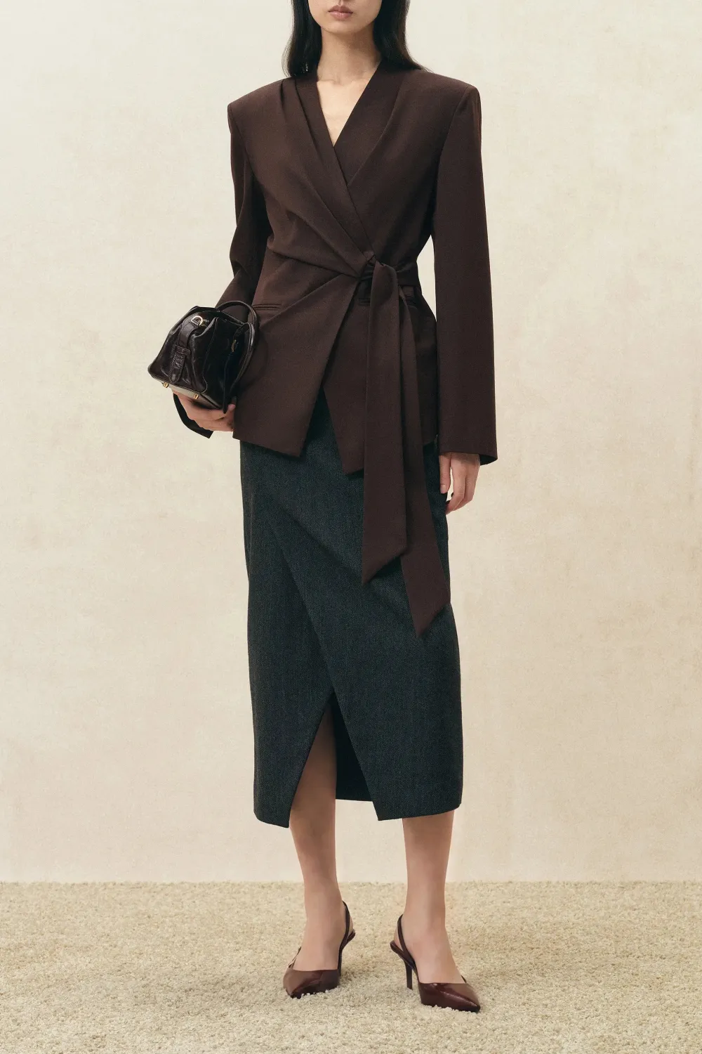 Ruched Wrap Front Wool Blazer