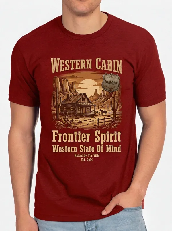 Men's Western Cabin Frontier Spirit Desert Landscape Printed T-shirt