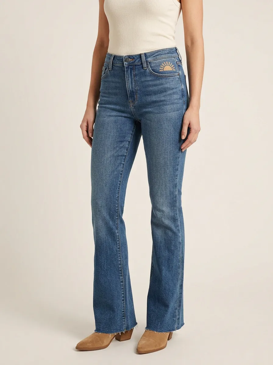 Women's Sun Coin-Pocket Embroidered Whiskered Raw-Hem Flare Jeans