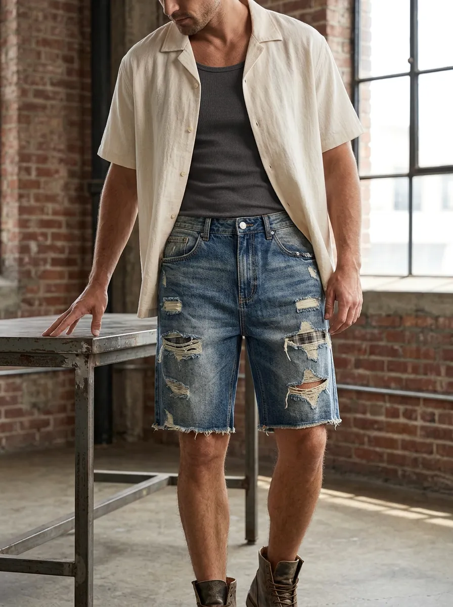 Men's Casual Fashion Distressed Plaid Patchwork Denim Shorts