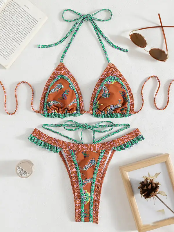 Ethnic Print Halter Neck Tie Bikini Swim Set