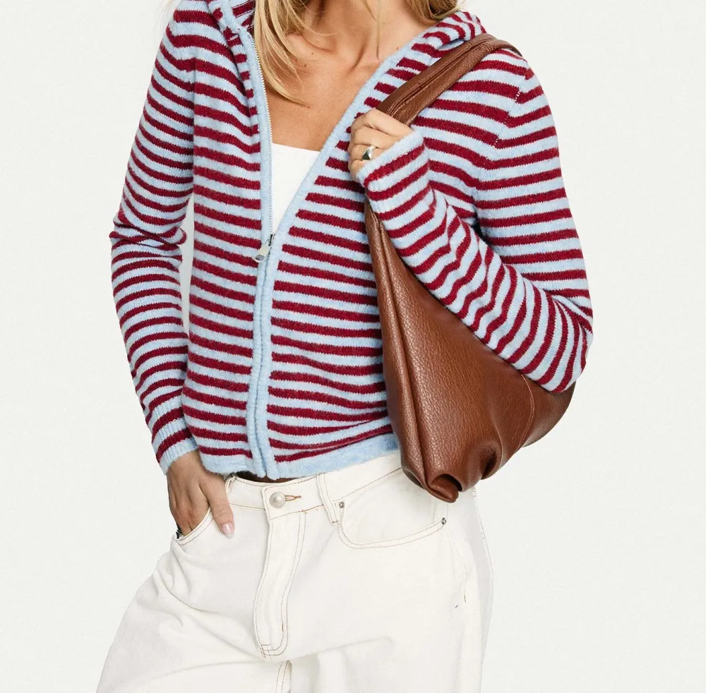 Blue and Red Striped Zip-Up Knit Hoodie