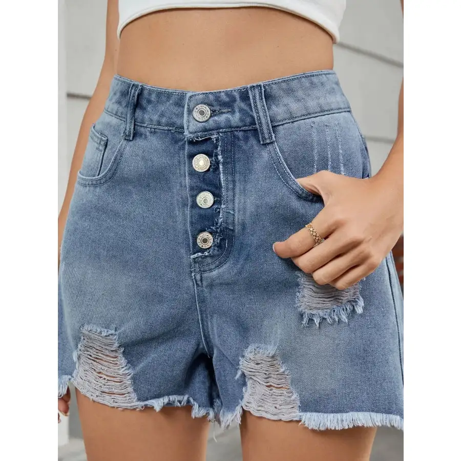Simple Distressed Raw Hem Denim Shorts