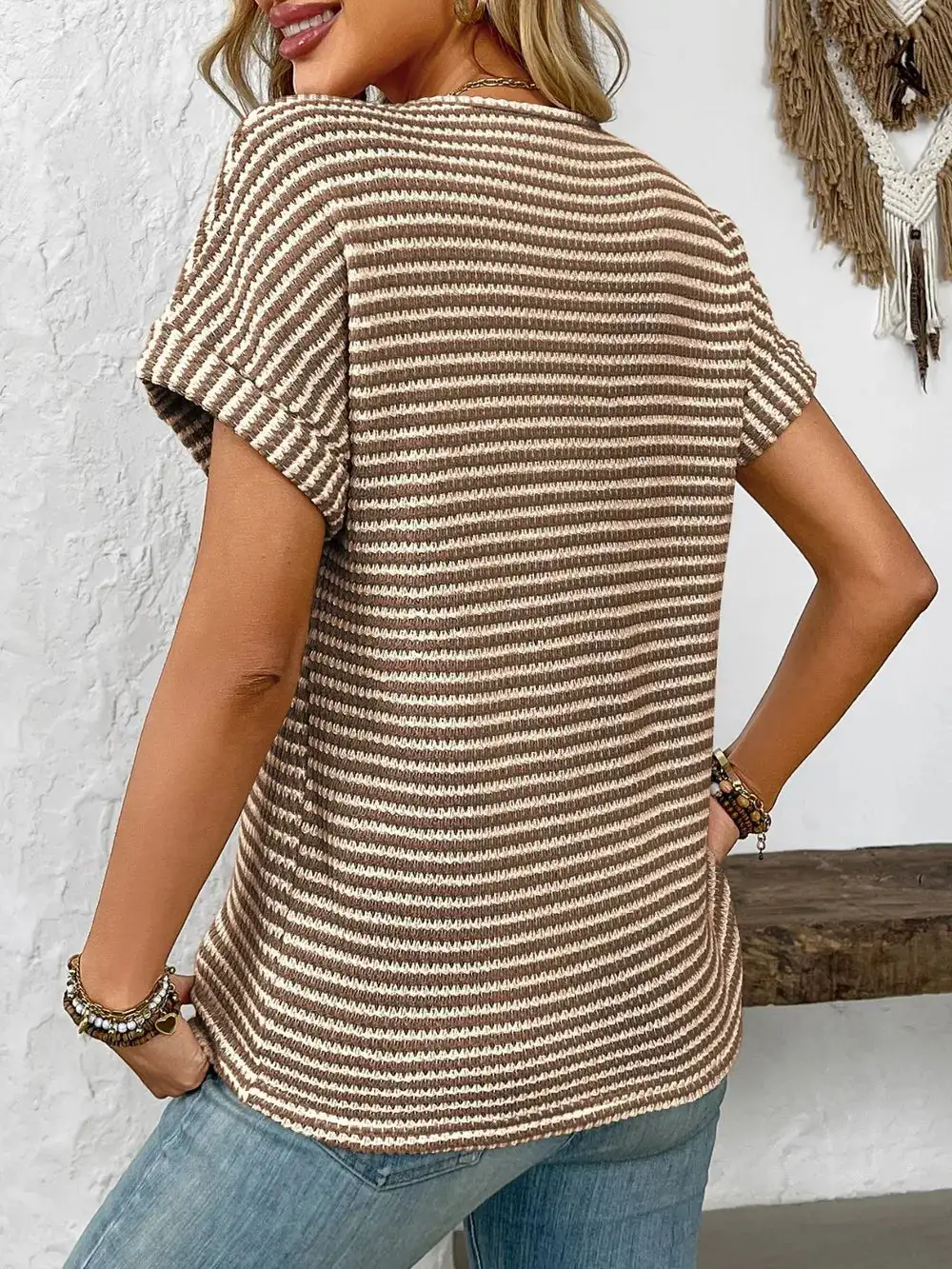 Everyday Striped Notched Short Sleeve T-Shirt