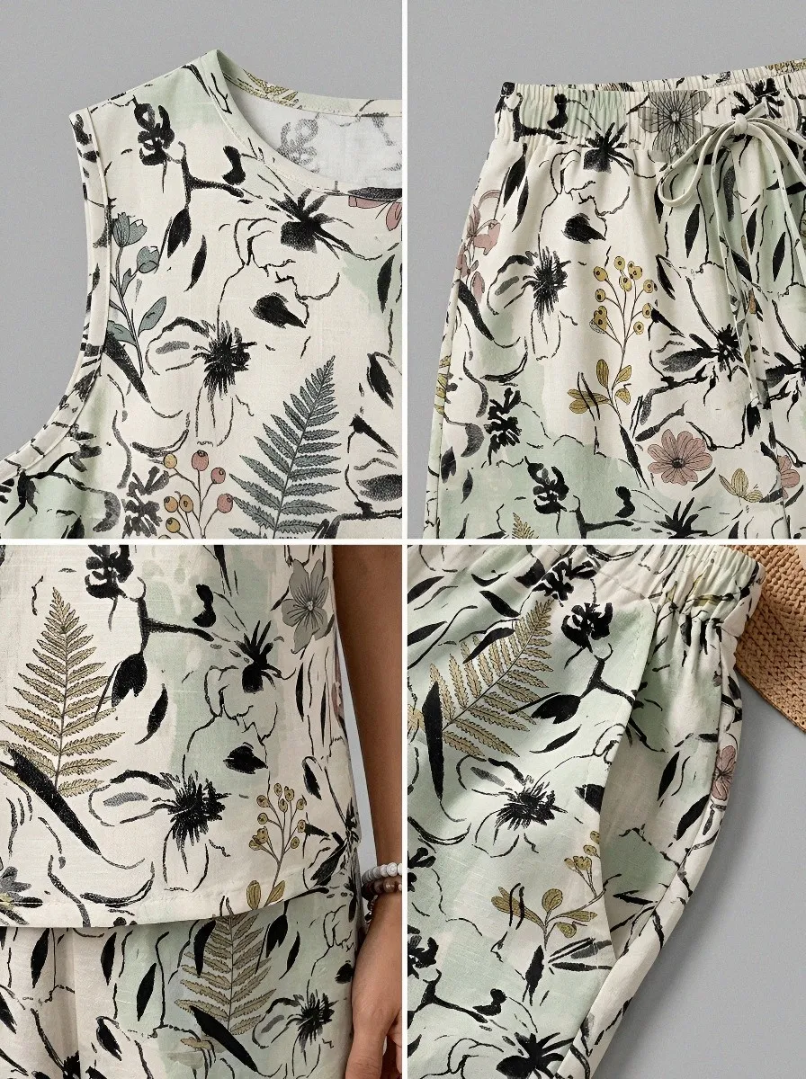 Women's Botanical Floral Fern Printed Sleeveless Short Set