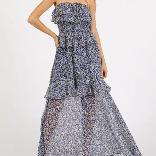 Ruffled Smocked Floral Halter Neck Maxi Dress