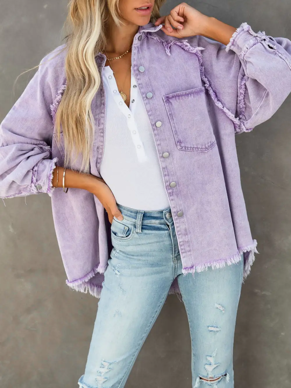 Button-down Raw-hem Denim Jacket