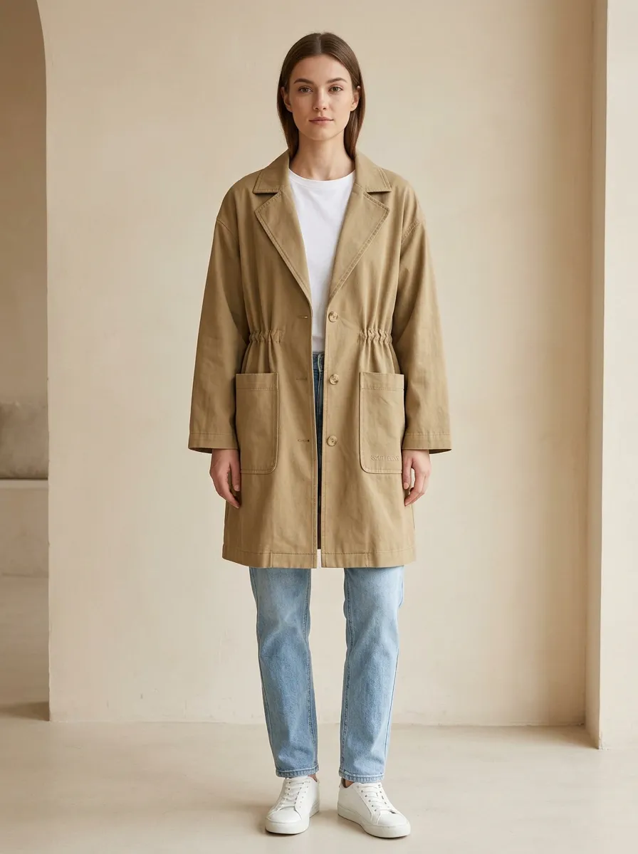 Drawstring Waist Printed Coat