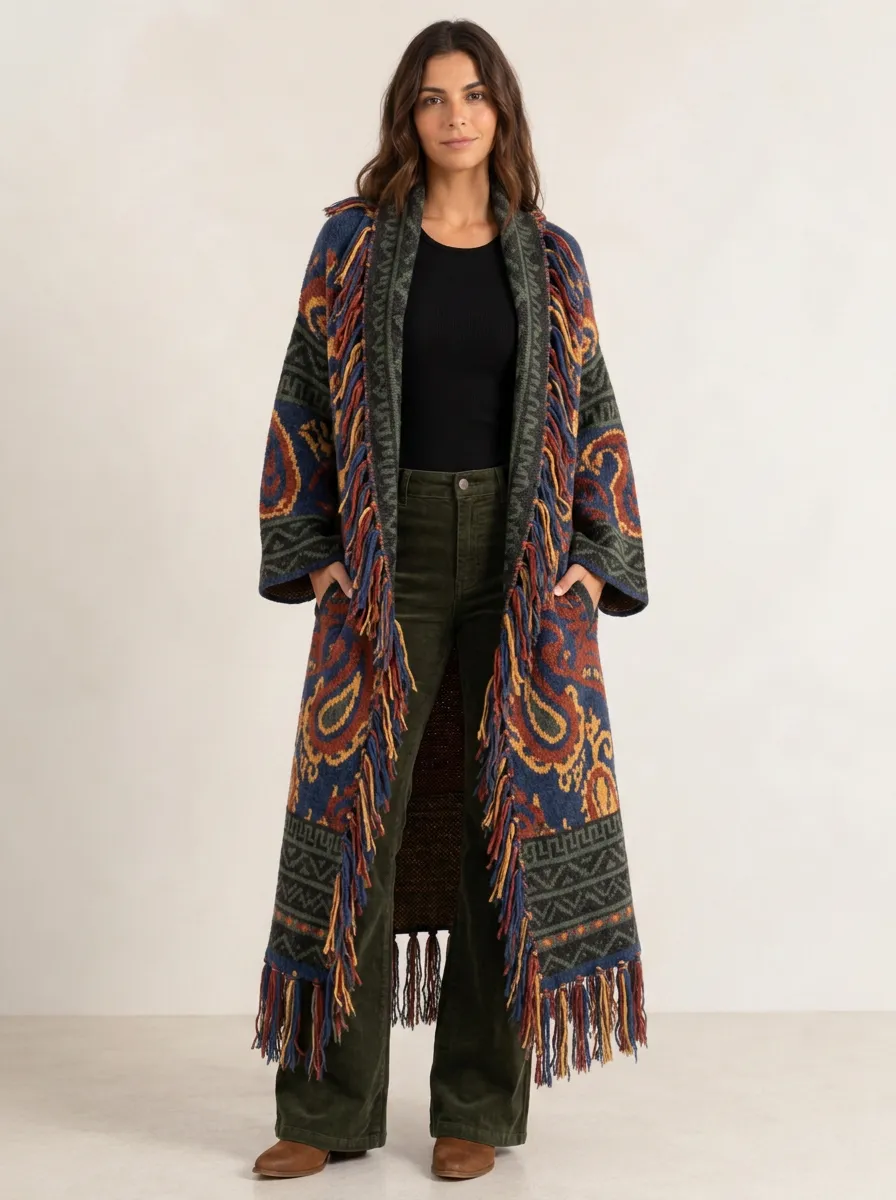 Women's Boho Paisley Pattern Fringe Trim Knitted Cardigan