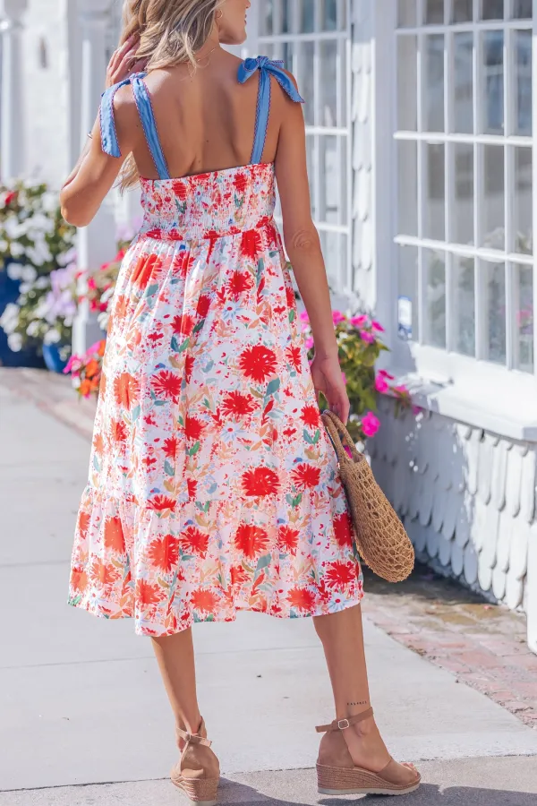 Women's Floral Print Denim High Waist Stitched Detail Dress