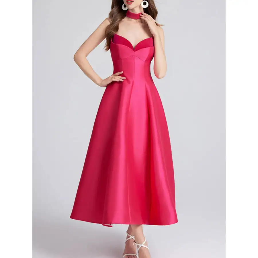 Sweetheart Spaghetti Strap Midi Dress with Collar