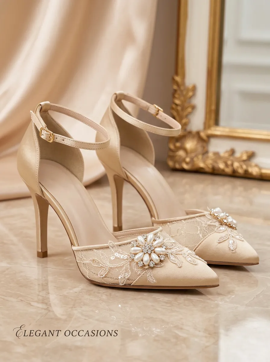 Pearl Floral Lace-Detail Ankle-Strap Women's Formal High Heels