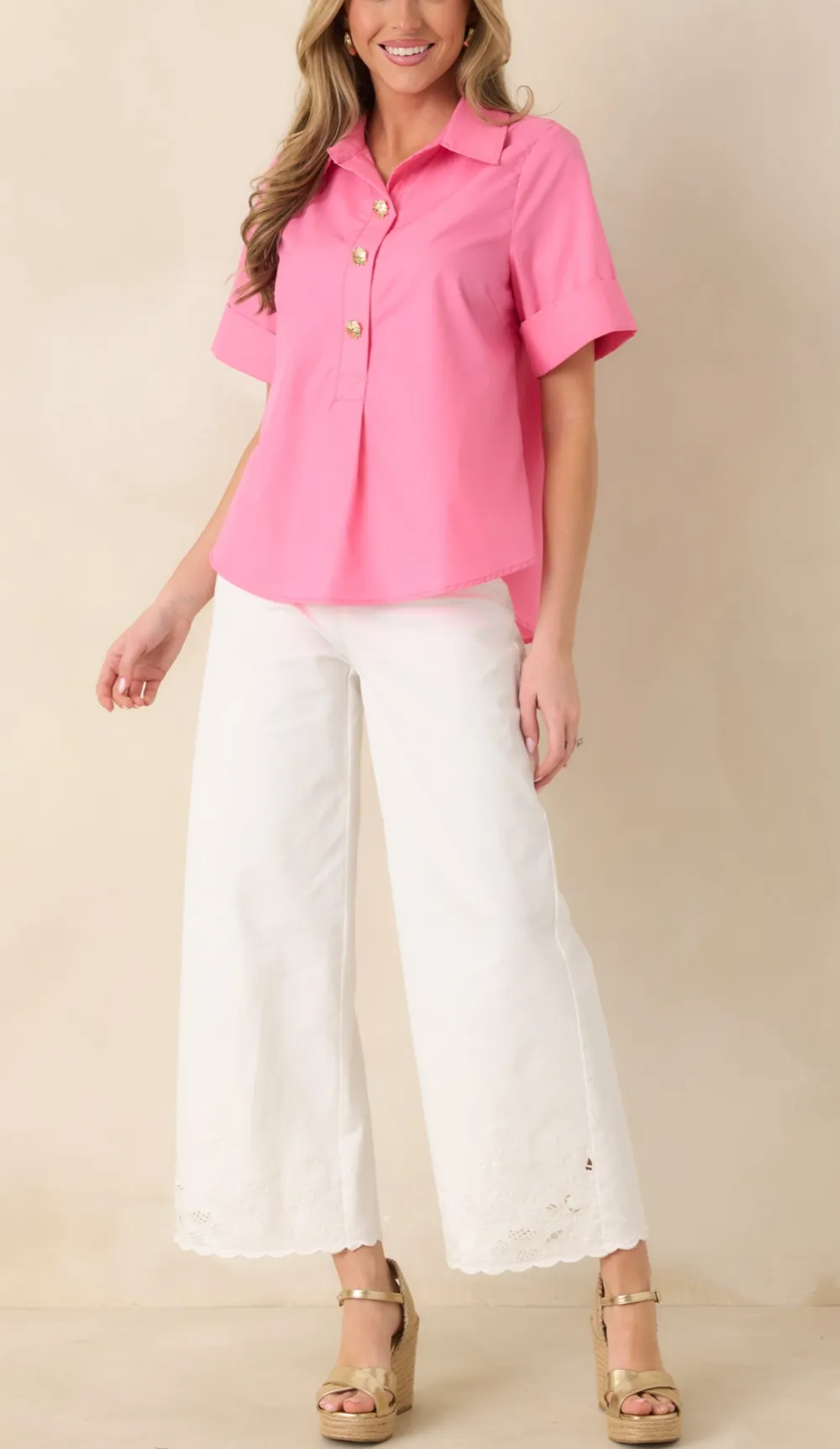 Refined Button-Front Short-Sleeve Collared Cotton Blouse