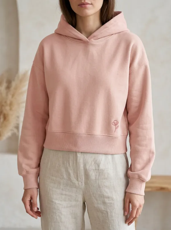 Women's Relaxed Minimalist Sage Green Small Flower Embroidered Hoodie
