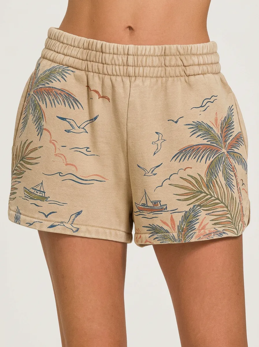 Women's Tropical Beach Palm Tree Boat Seagull Printed Shorts