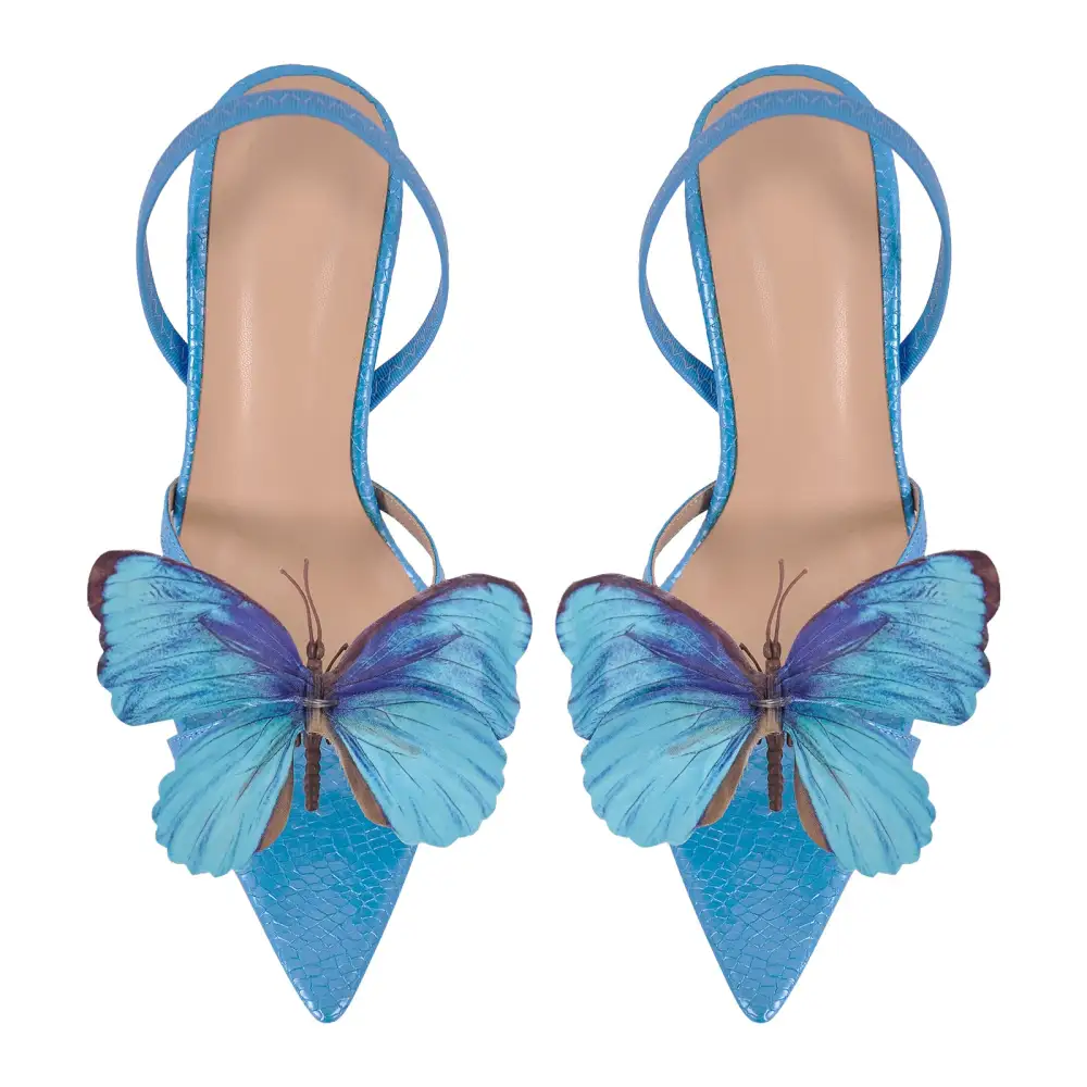 Butterfly Pointed Toe Clear Heel Slingback Sandals