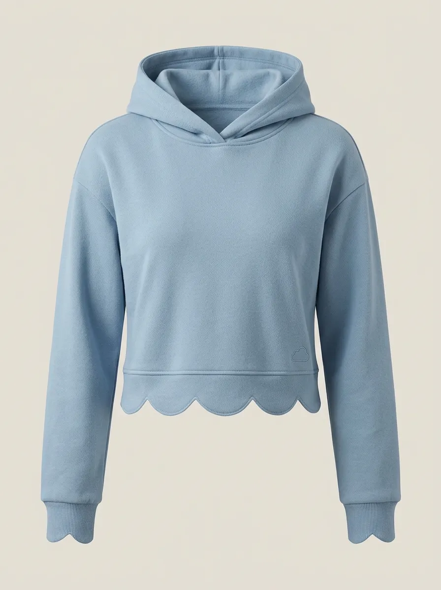 Women's Minimalist Solid Blue Scalloped Hem Cloud Embroidered Hoodie