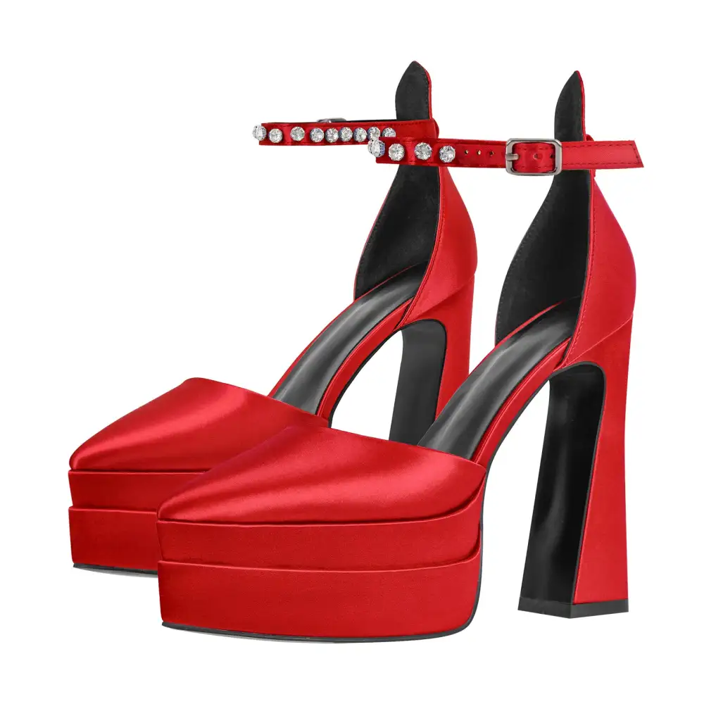 Satin Finish Rhinestone Pointed Toe Double Platform Chunky Heel Pumps