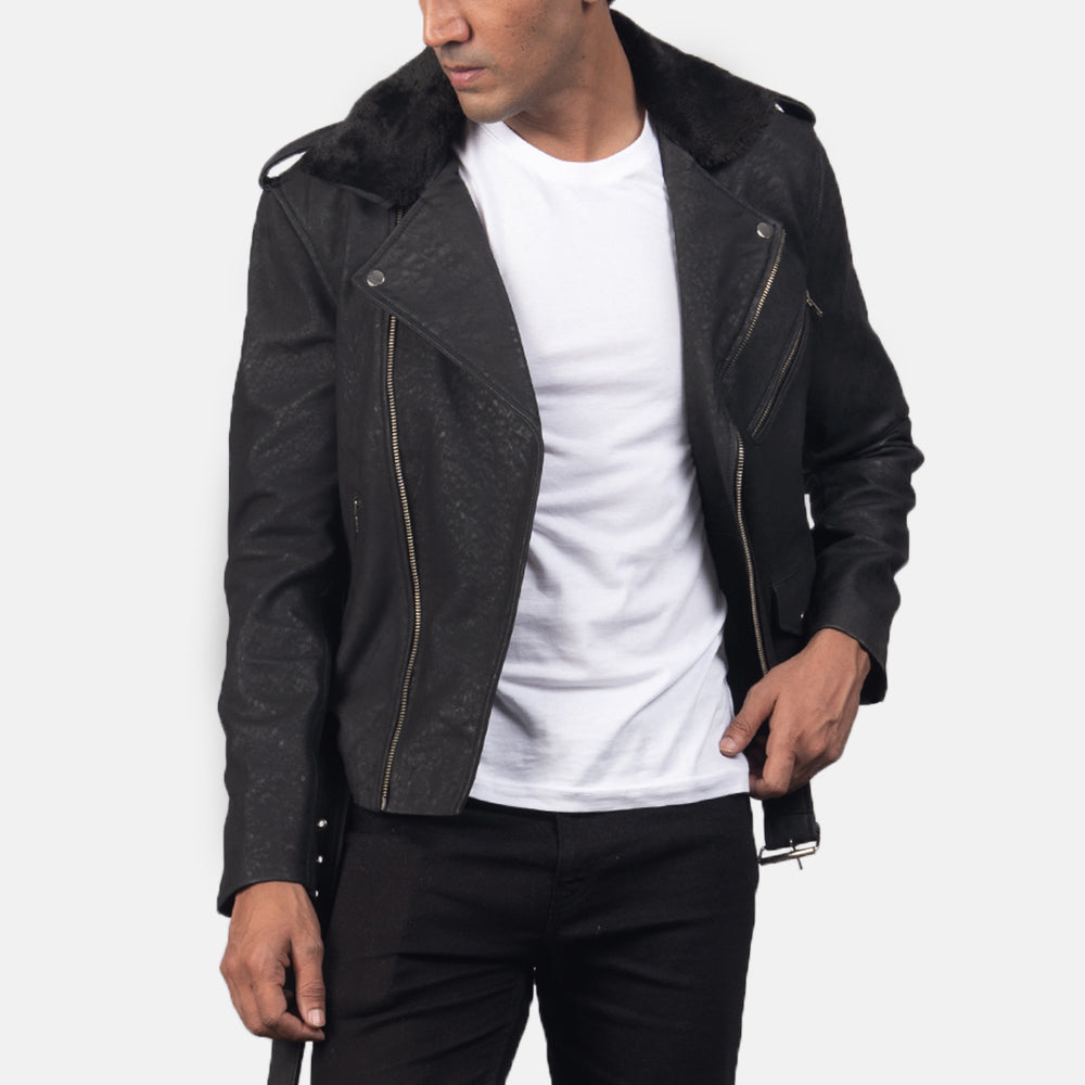 Men's Rugged Biker Leather Fur Trim Jacket