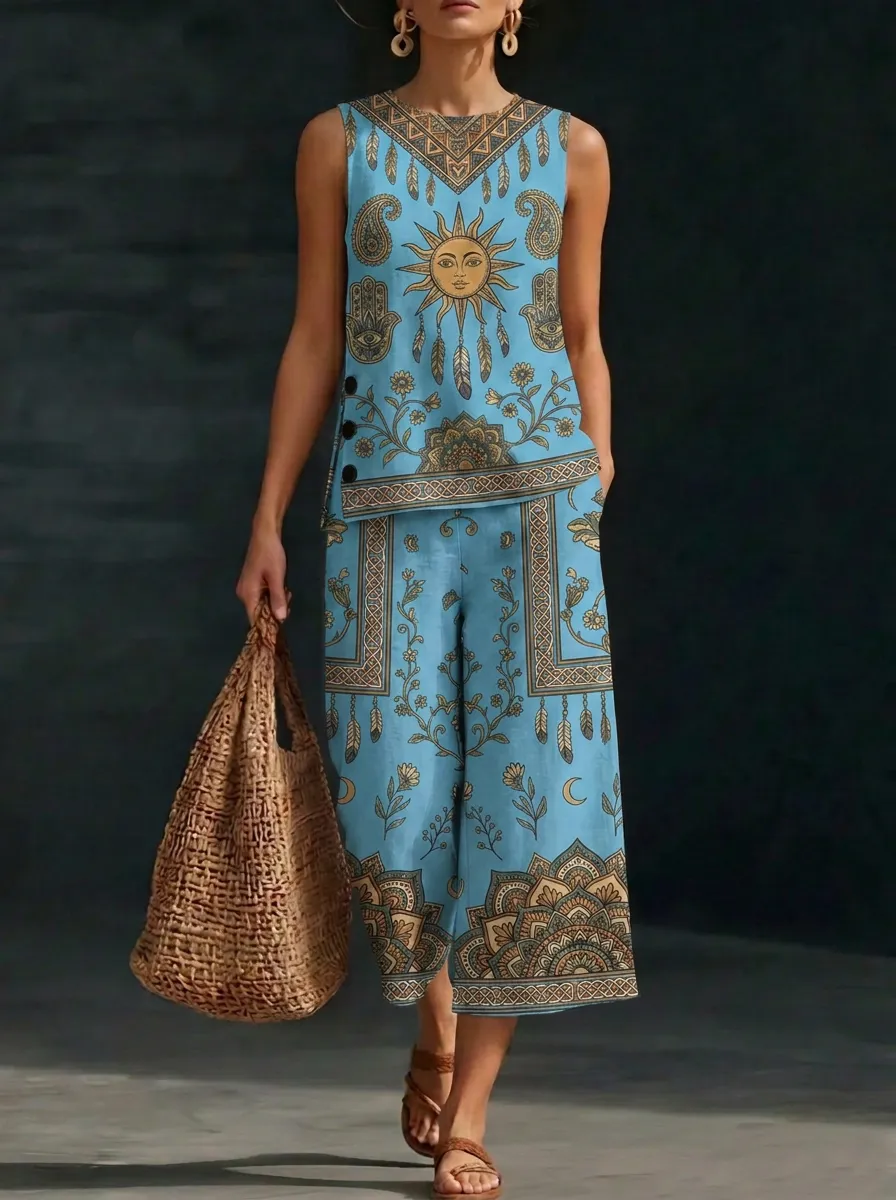 Women's Bohemian Sun Mandala Printed Sleeveless Set