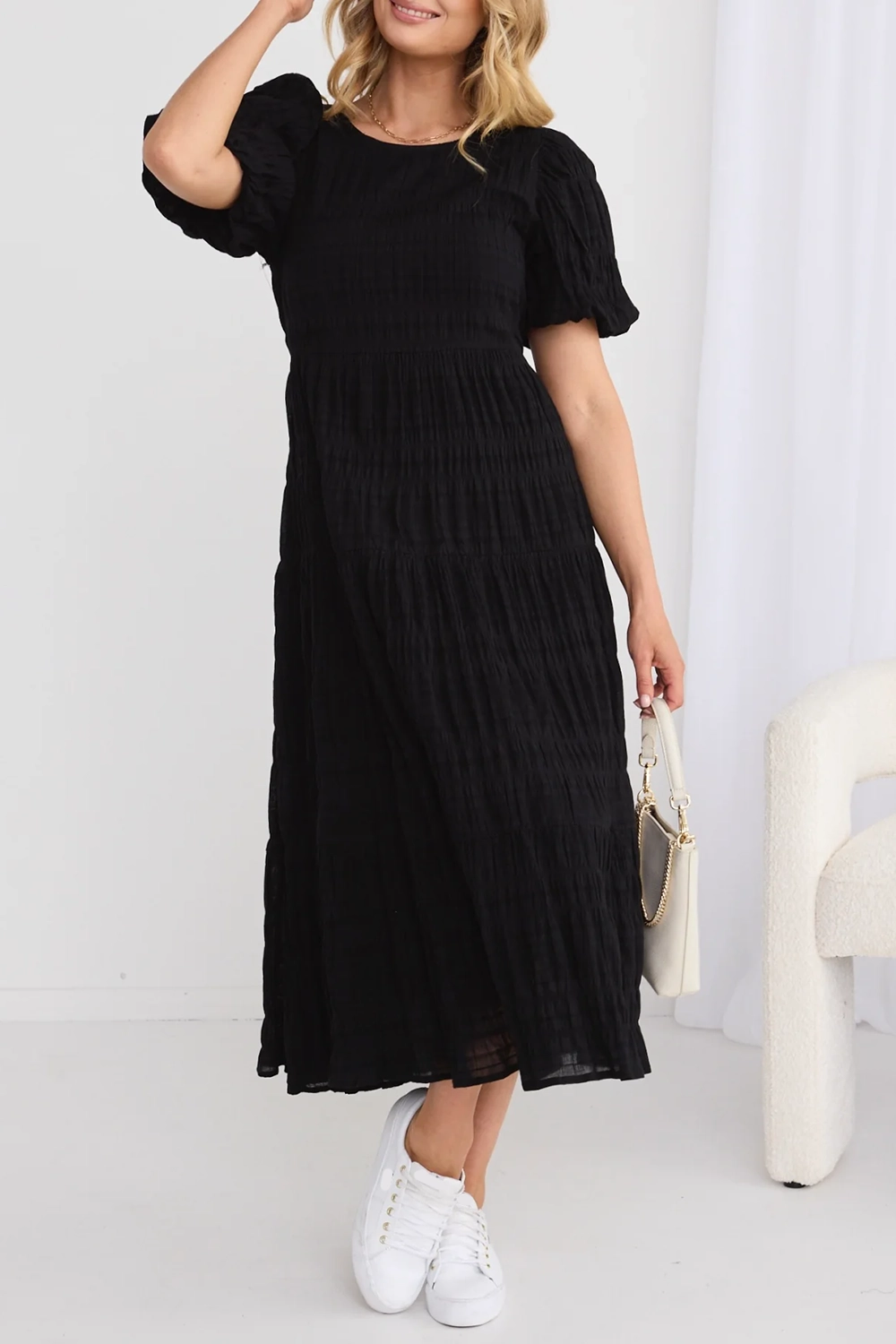 Black Shirred Cotton Bubble Sleeve Dress
