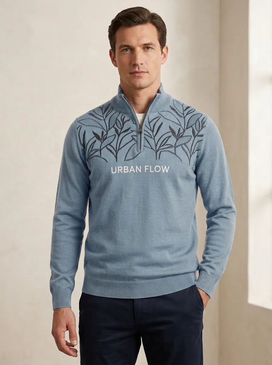 Casual Half-Zip Leaf-Pattern Embroidered Men's Half-Zip Sweatshirt