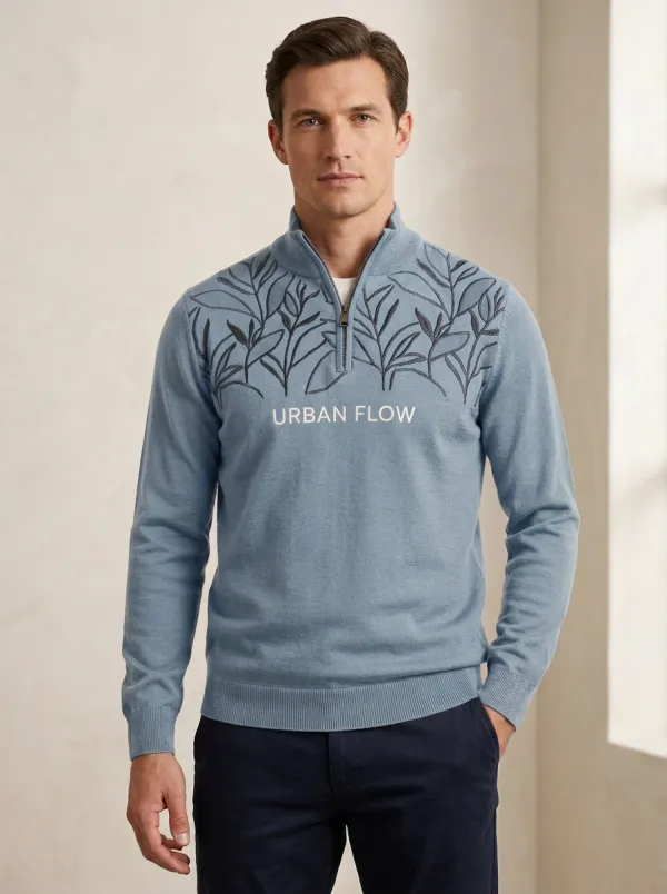 Casual Half-Zip Leaf-Pattern Embroidered Men's Half-Zip Sweatshirt