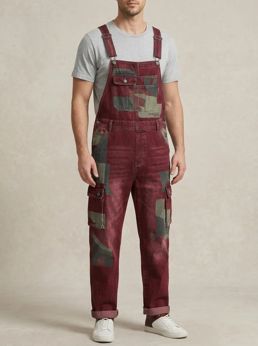 Patchwork Denim Cargo Button Flap Overalls