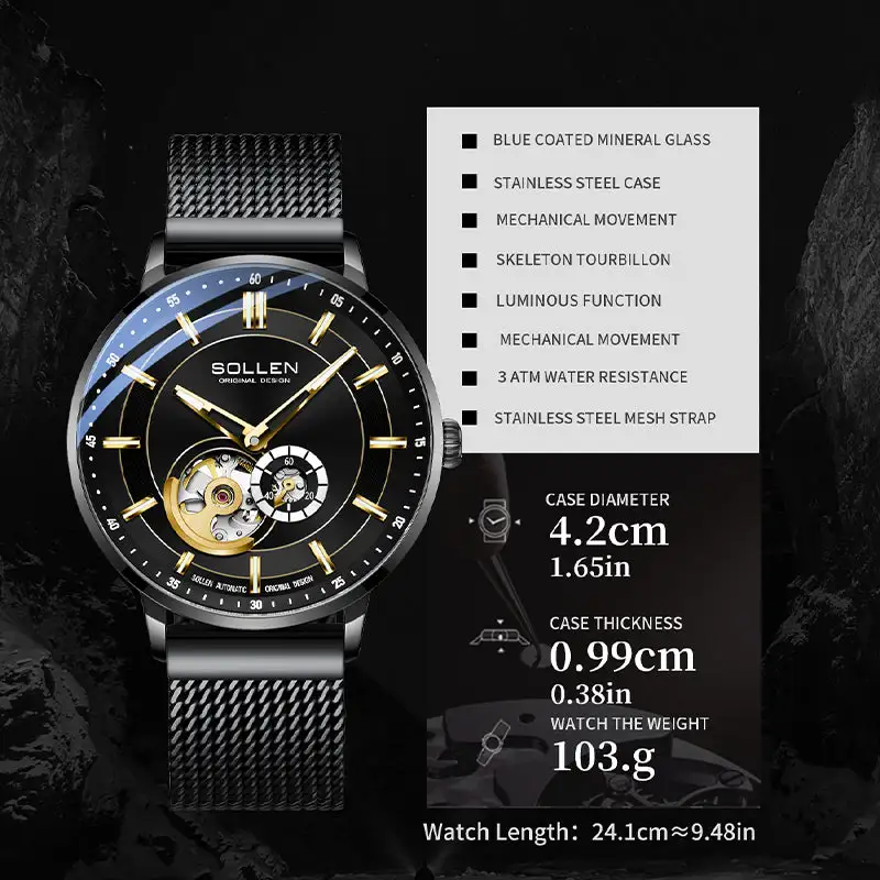 Sollen SL365 Men's Open Heart Automatic Mechanical Watch - 42mm Stainless Steel Case Slim 9.9mm Miyota 82S5 Movement Small Seconds Mesh Bracelet Wristwatch