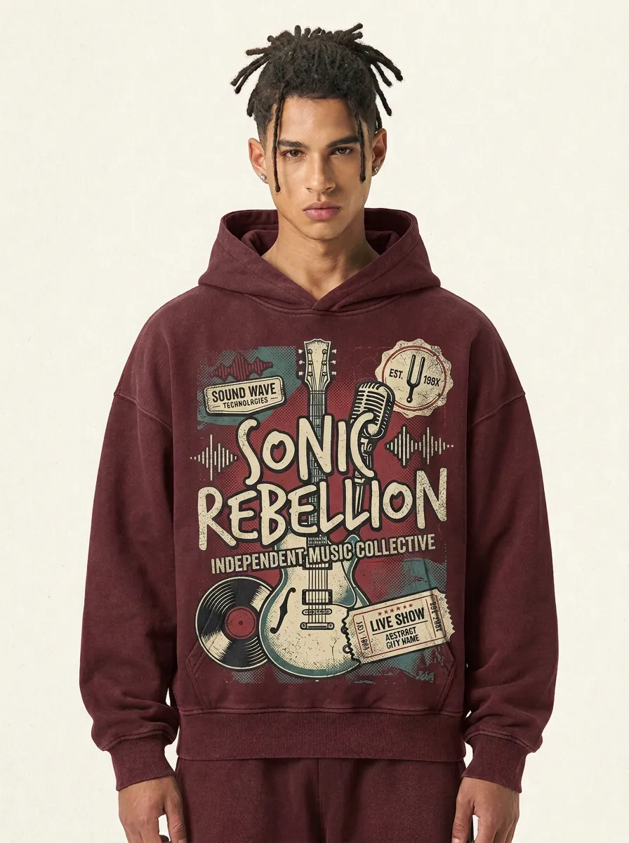 Men's Rock Music Lover Sonic Rebellion Guitar Printed Hoodie