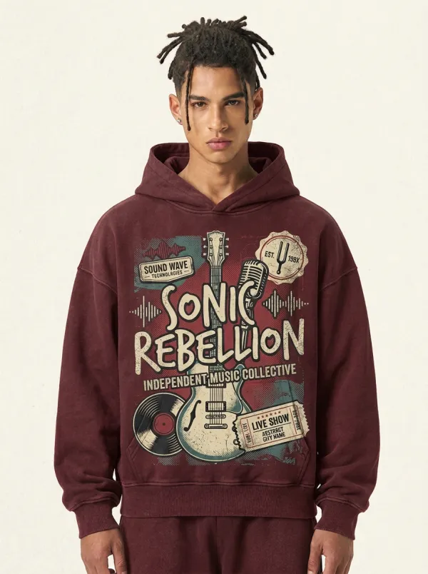 Men's Rock Music Lover Sonic Rebellion Guitar Printed Hoodie