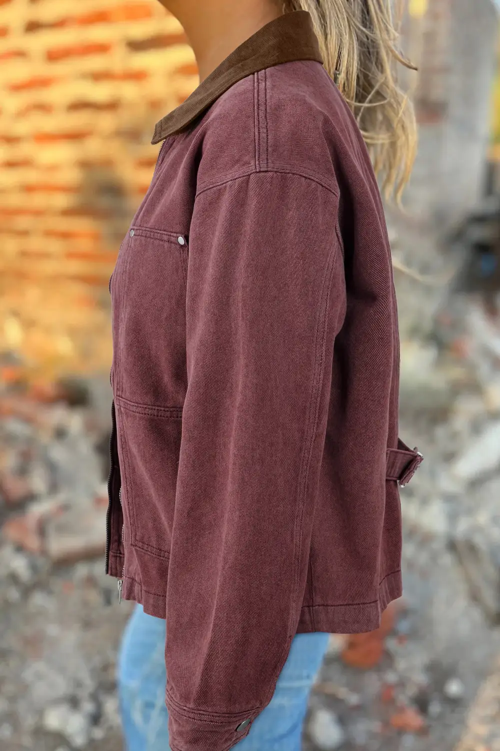 Women's Corduroy Collar Zipped Front Denim Jacket
