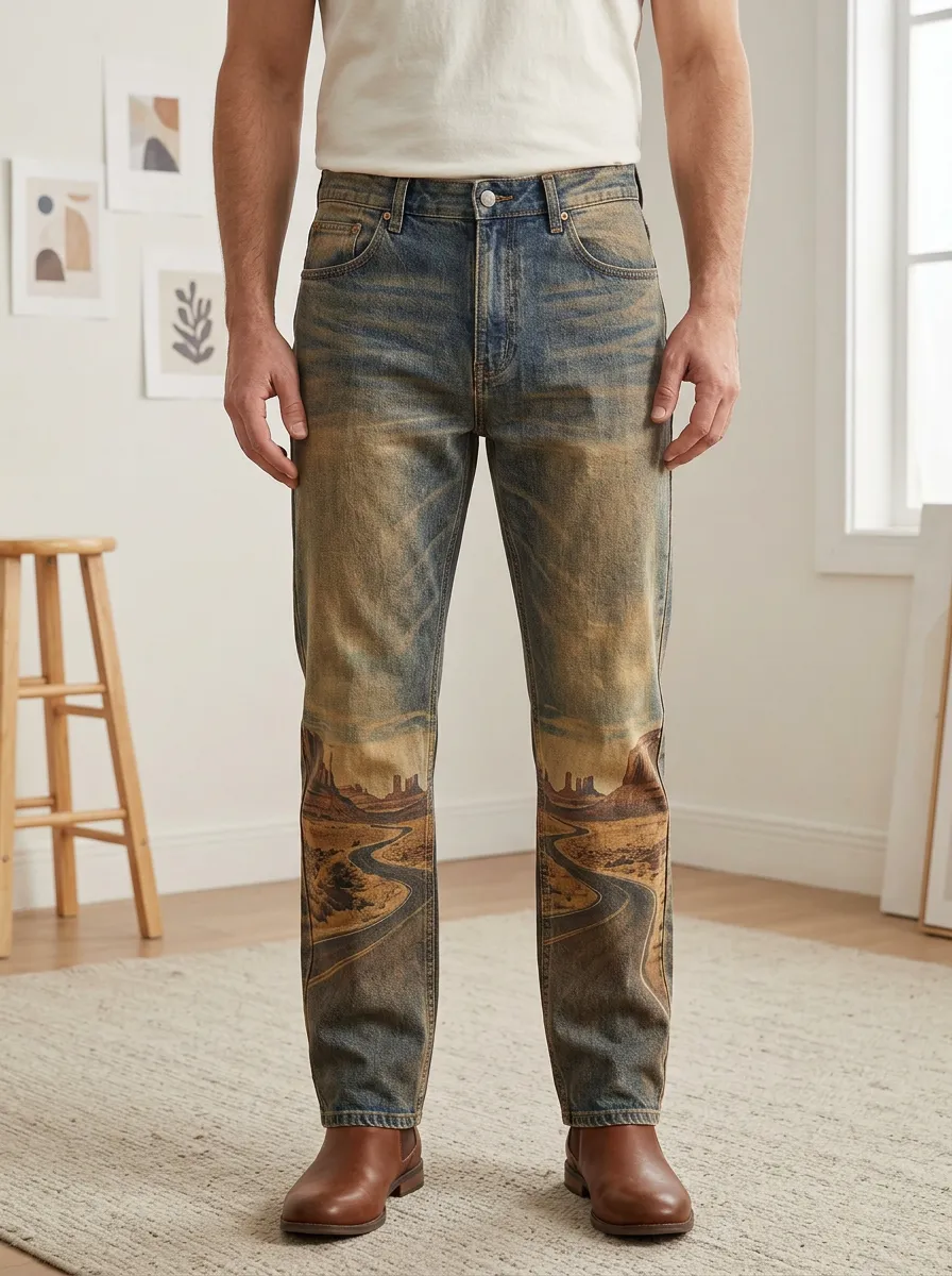 Men's Vintage Desert Print Straight-Leg Jeans