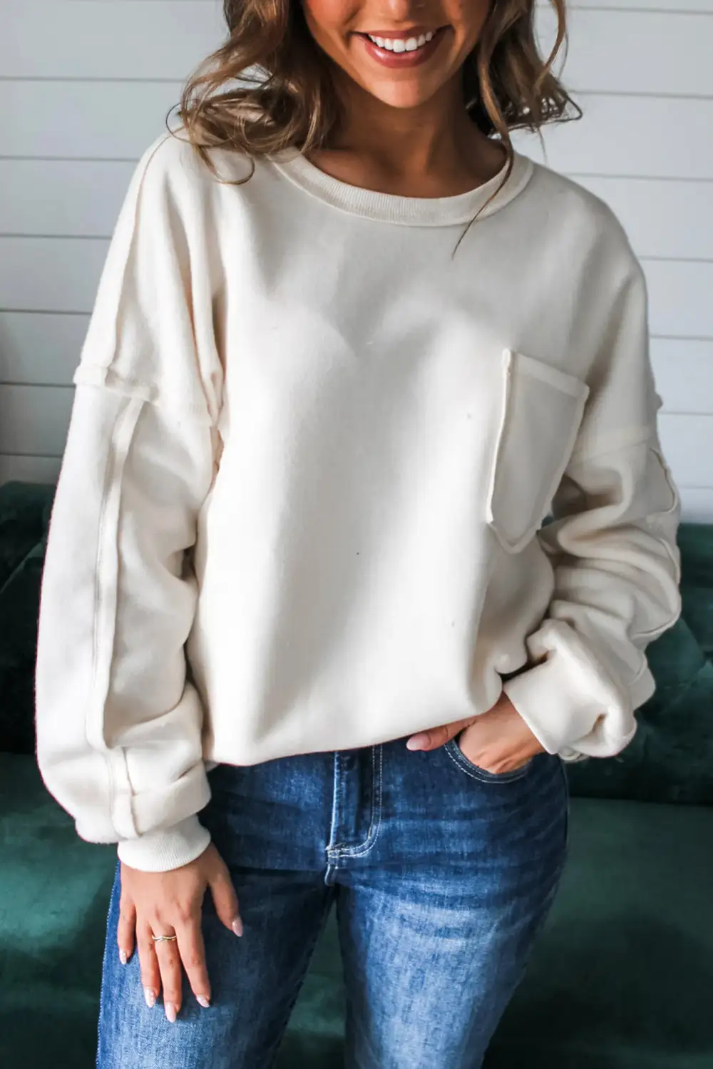 Pocket Detail Exposed Seam Pullover Sweatshirt