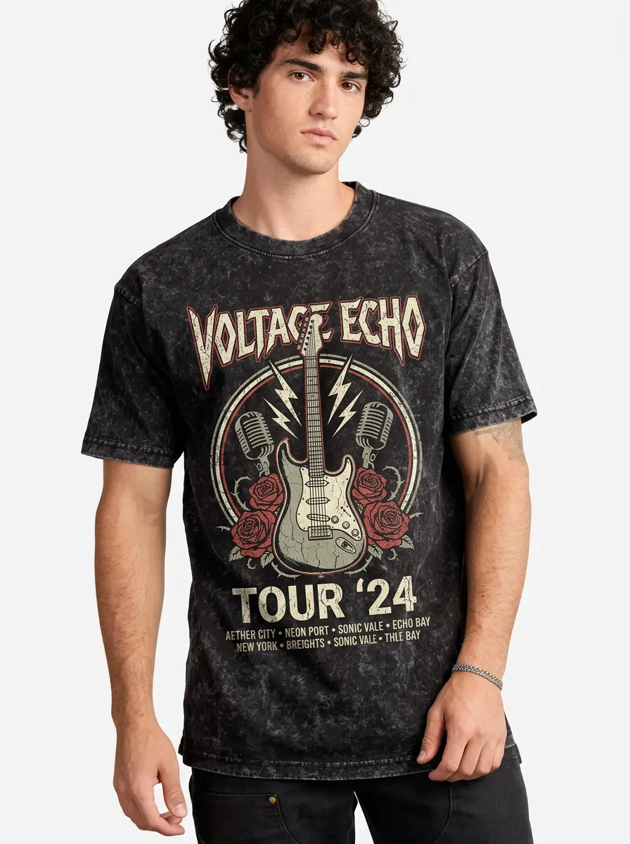 Men's Rock Band Guitar Rose Printed Mineral Wash T-shirt