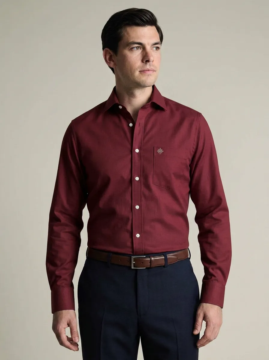 Men's Smart-Casual Light Blue Embroidered Pocket Non-Iron Cotton Shirt