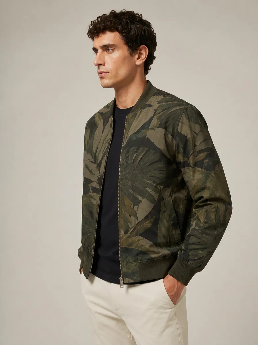 Men's Structured, streamlined silhouette Leaf Print Bomber Jacket