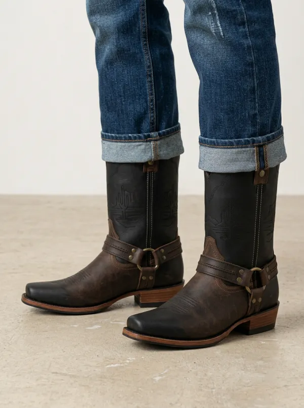 Men's Western Cowboy Cactus Embroidered Harness Printed Boots