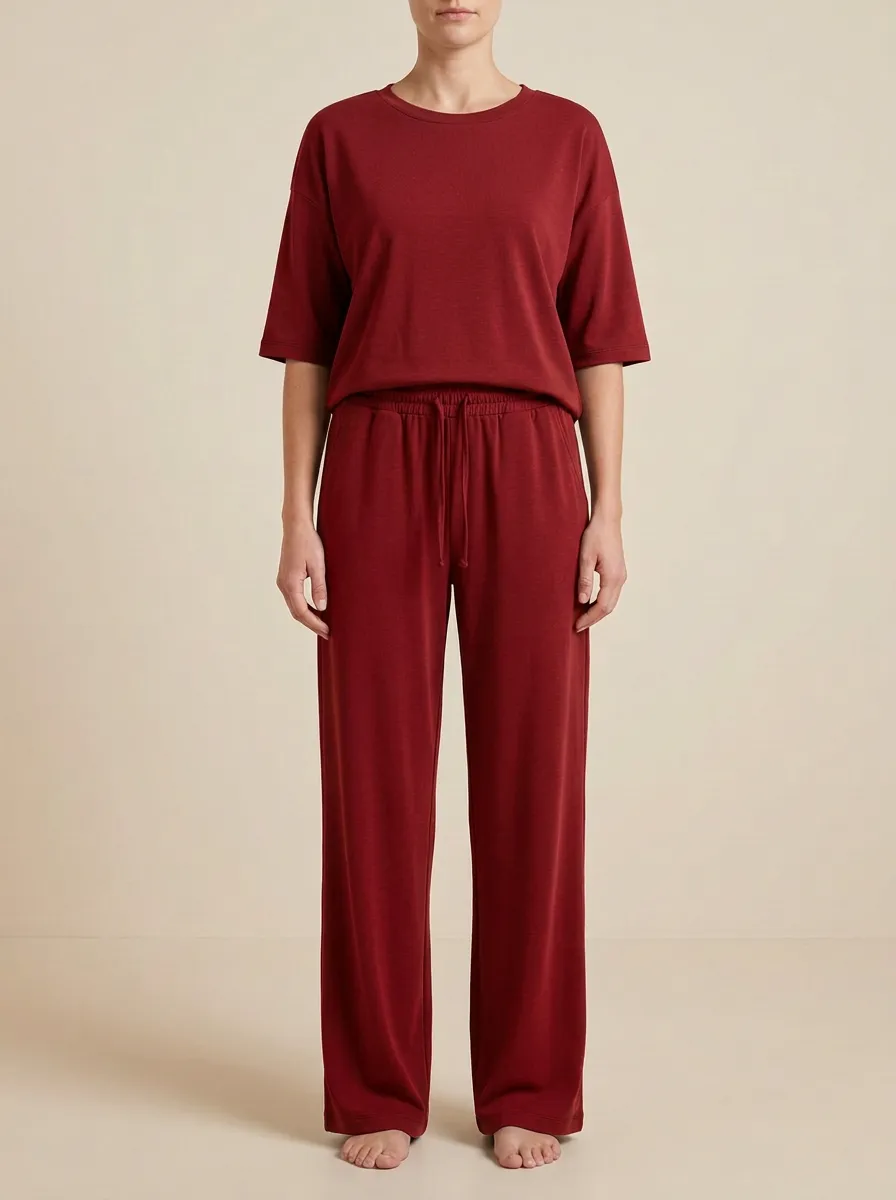 Women's Elbow-Sleeve Crewneck Top And Drawstring Straight-Leg Trouser Lounge Set