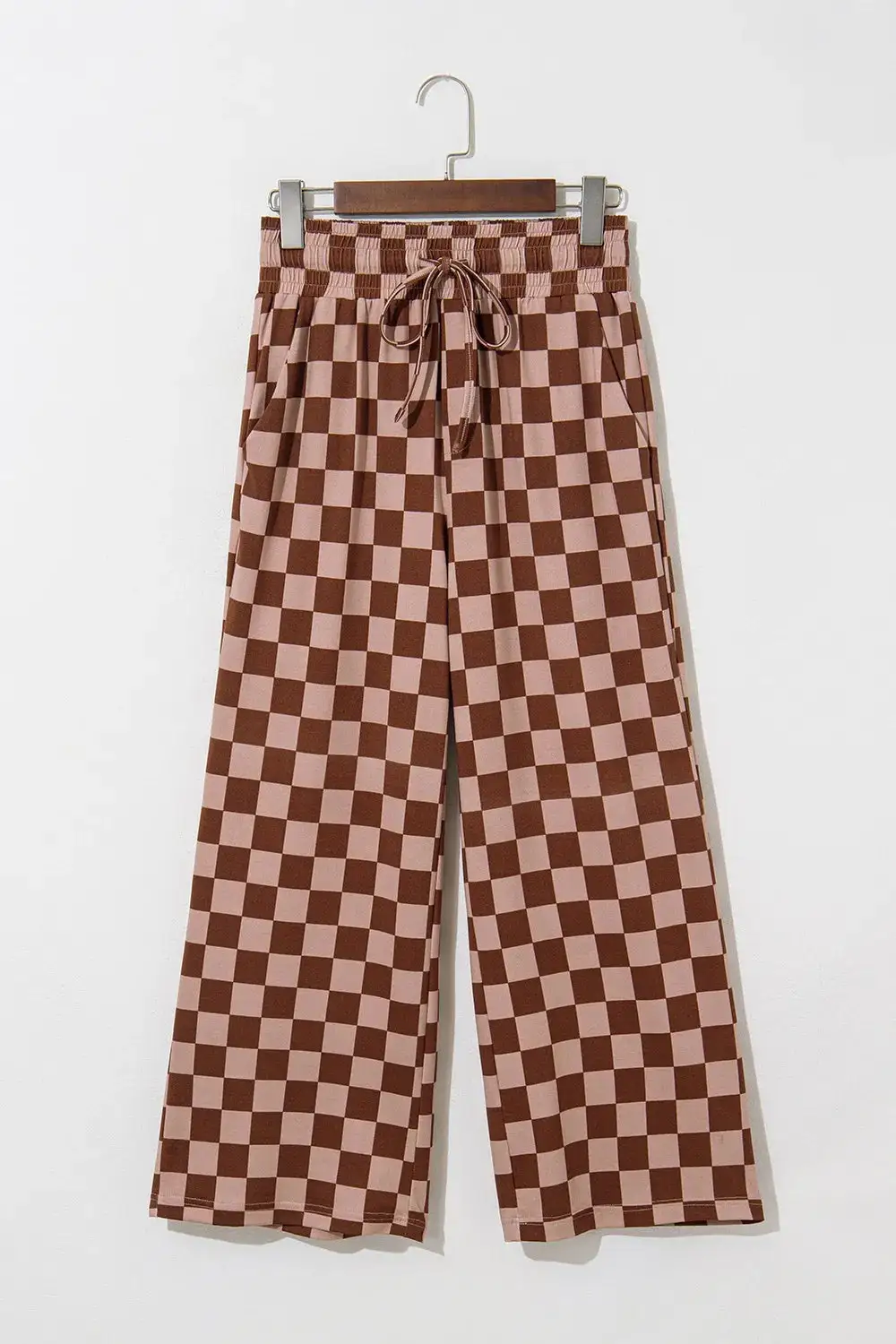 Checkered Elastic High Waist Loose Pants