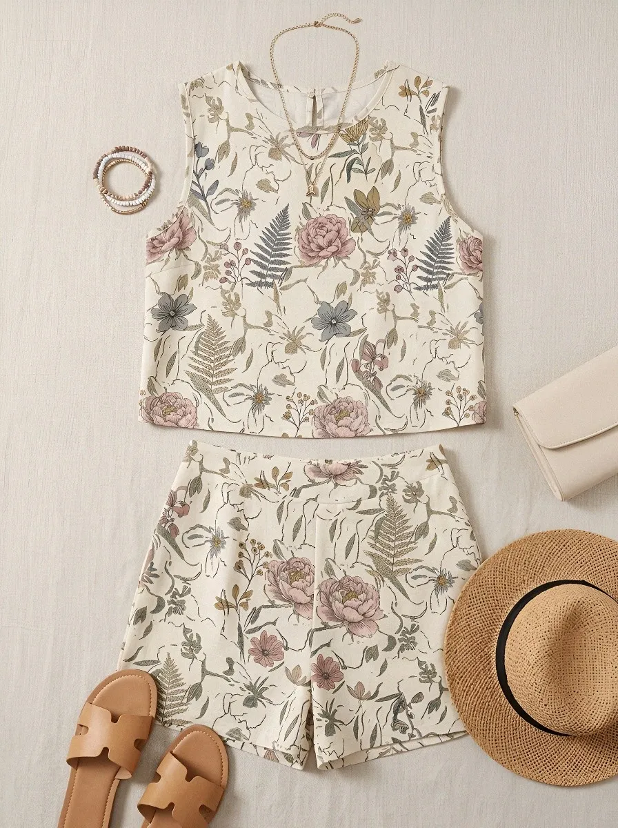 Women's Botanical Floral Fern Printed Sleeveless Shorts Set