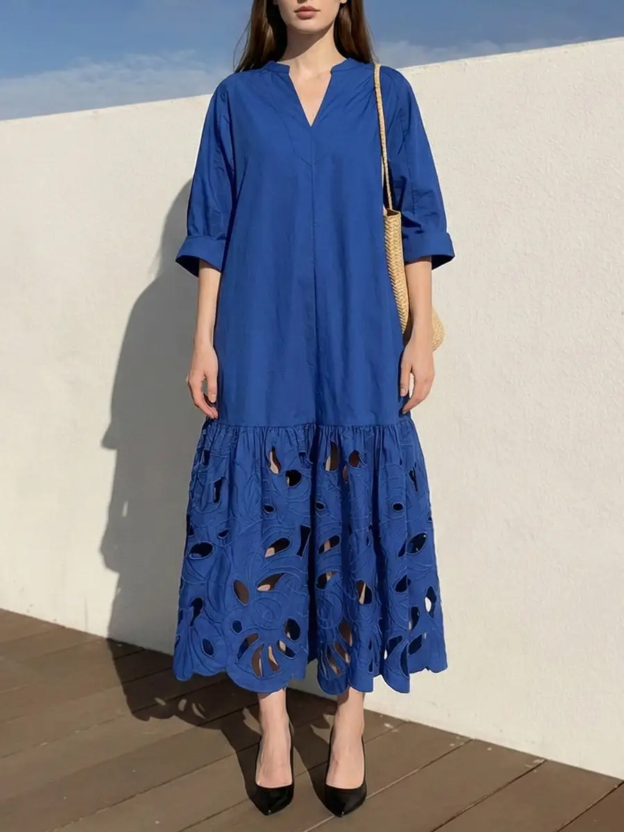 Sleeves Pleated Long Neck Maxi Dress