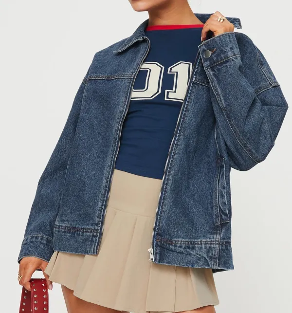Mid-Wash Denim Oversized Bomber Jacket