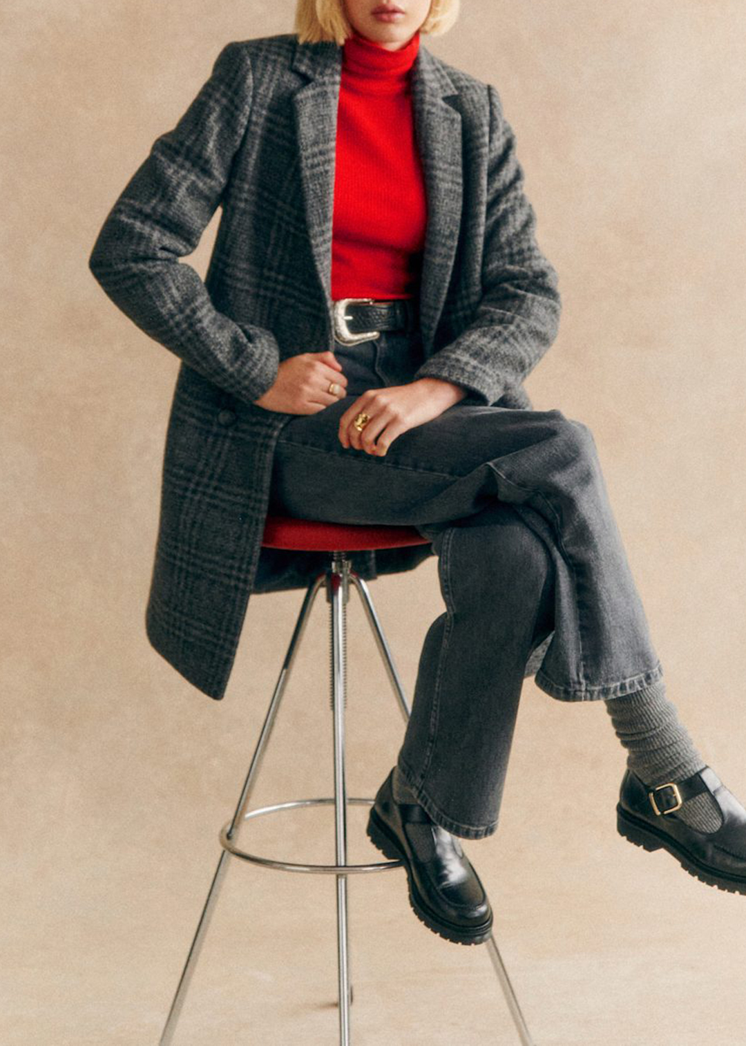 Mid-length Grey Checked Coat