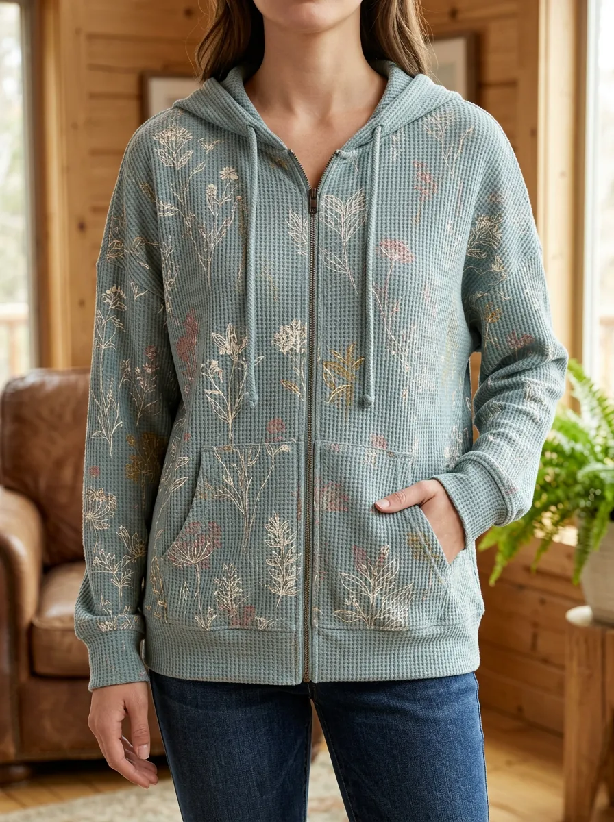 Women's Botanical Wildflower Signature Pattern Waffle Zip-Up Hoodie