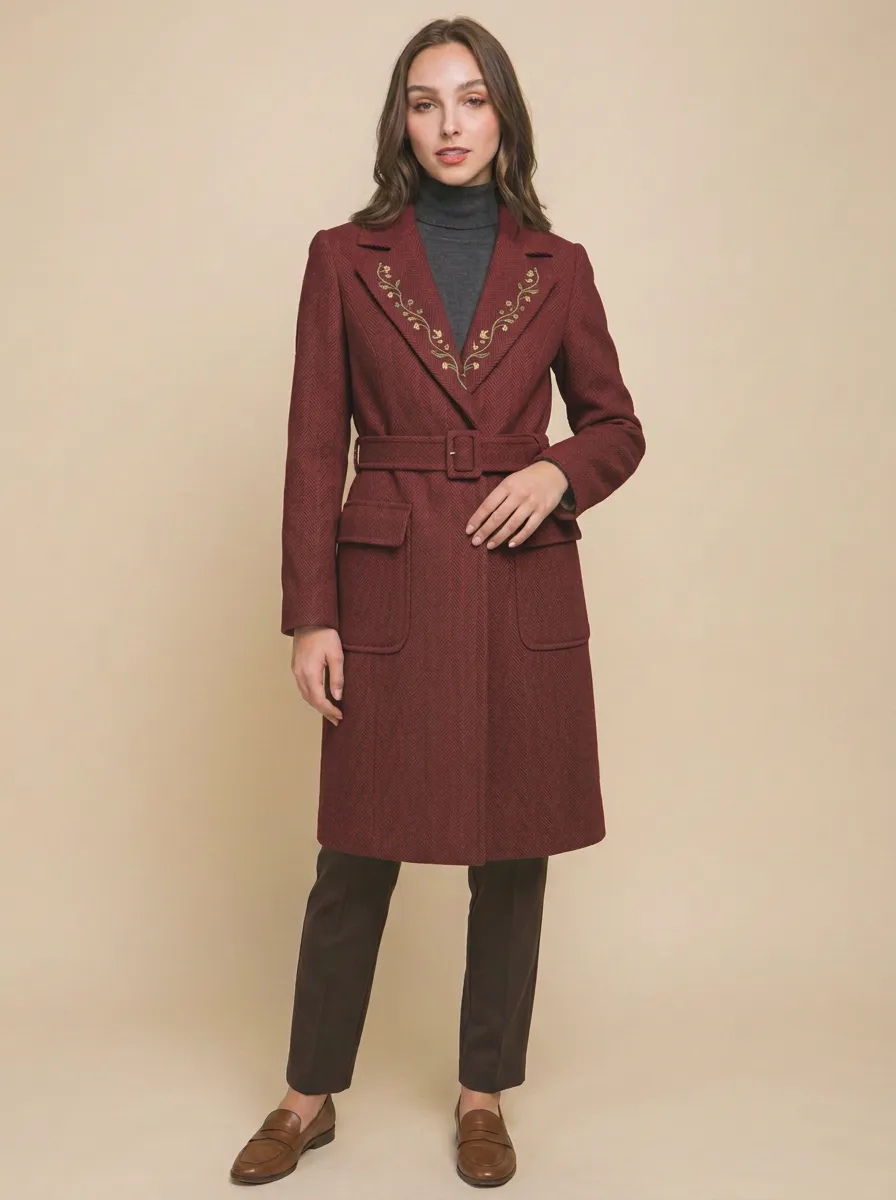 Women's Vintage Floral Embroidered Herringbone Belted Coat