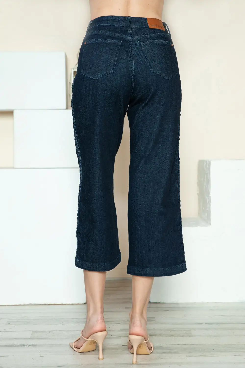 Side Seam Braid Detail Crop Wide Denim Jeans
