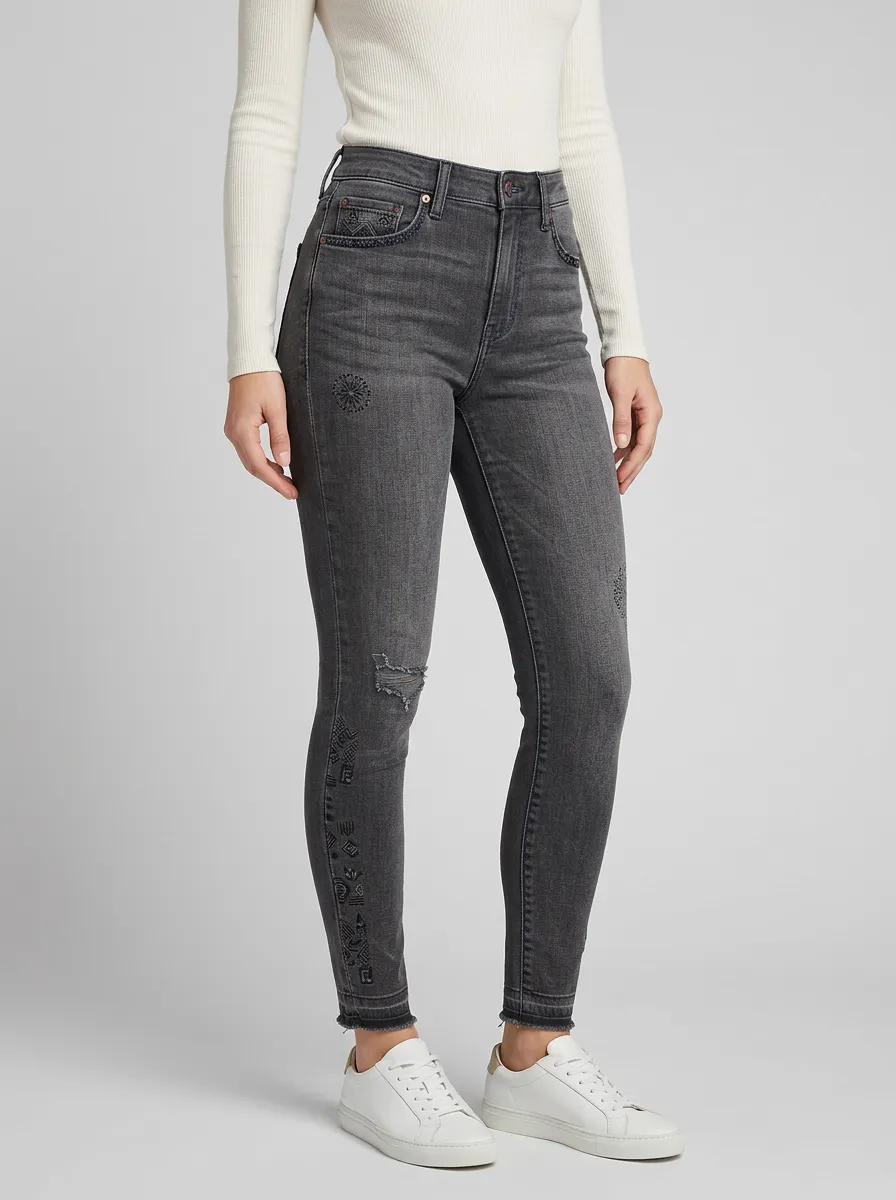 Women's Boho Tribal Pattern Embroidered Grey Slim Jeans