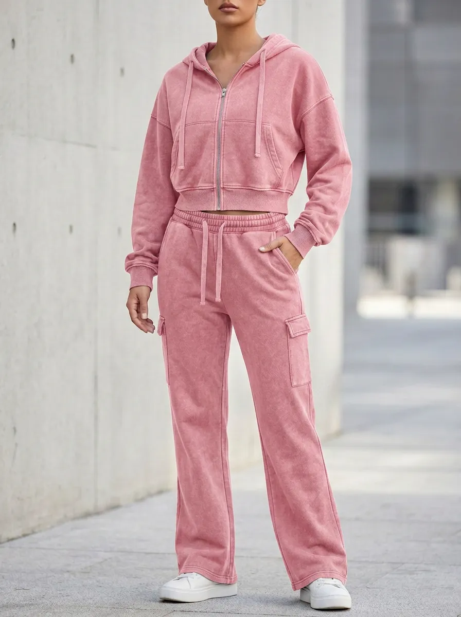 Women's Washed Cargo Detail Vintage Inspired Cropped Hooded Jacket and Flare Pants Active Set