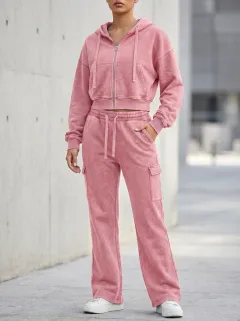 Women's Washed Cargo Detail Vintage Inspired Cropped Hooded Jacket and Flare Pants Active Set